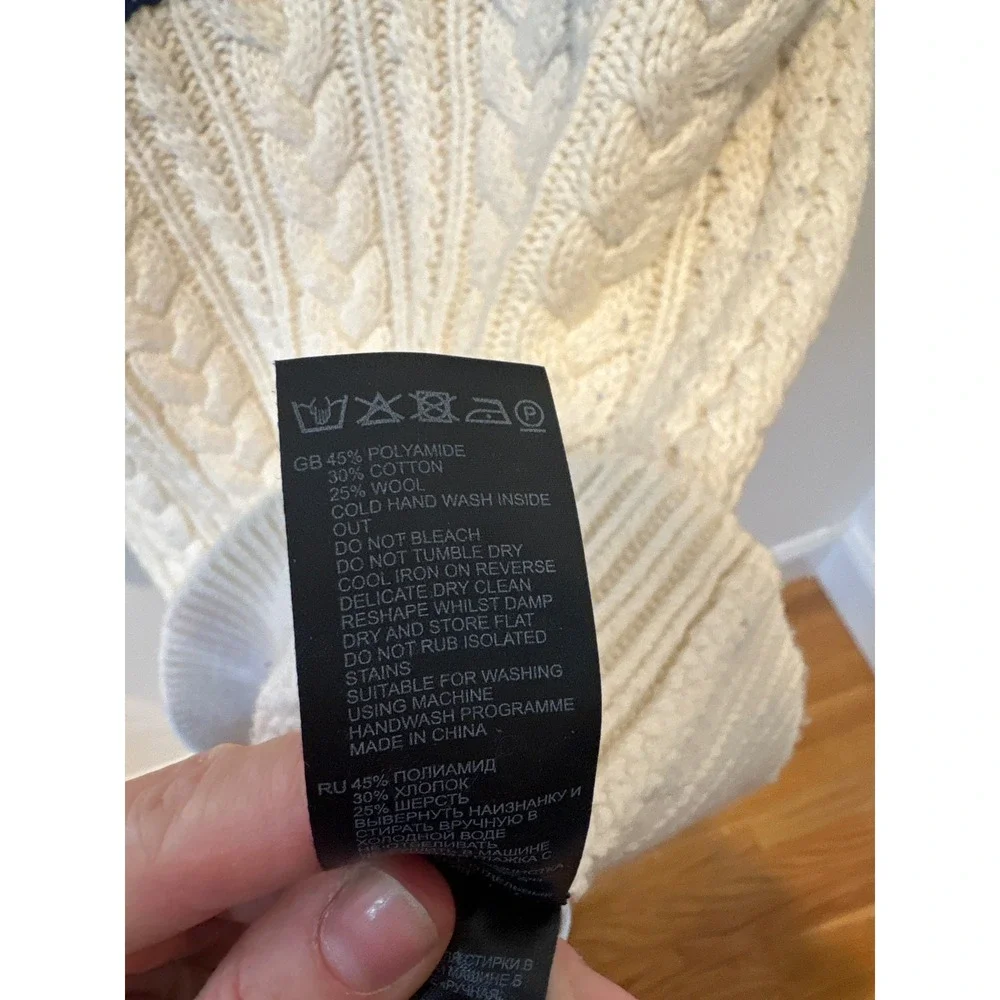 Reiss Navy Cream Chunky Knit Cable Turtleneck Sweater XS Wool Blend‎